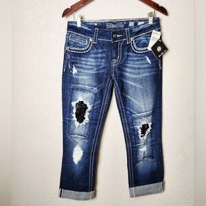 Miss Me JE5441P Capri Lace Cropped Denim Jean Womens Dark Wash Blue Size 28 New